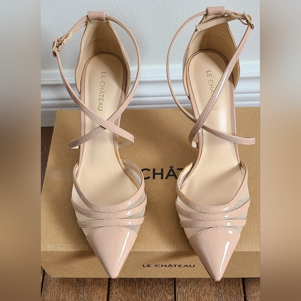le chateau Nude Patent Pointed-Toe Strappy Ankle Pumps